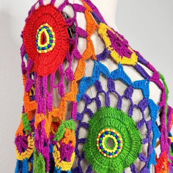 Vintage ‘80s Rainbow Floral Crochet Radial Rainbow Cardigan OSFM Boho Festival - Picture 14 of 15